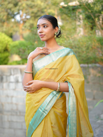 Chanda - चंदा Maheshwari Handloom Tissue Silk Cotton Saree - Yellow