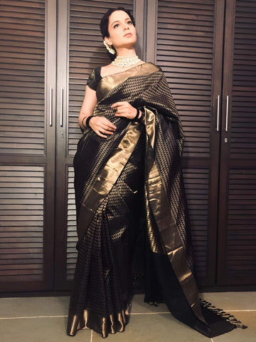 Kangana Ranaut Inspired Maheshawri Handloom Mulberry Silk Saree - Black