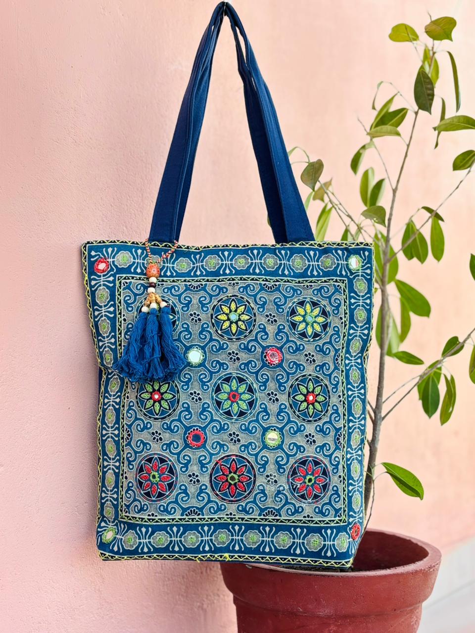 Natural Indigo Block Print Tassel Bag