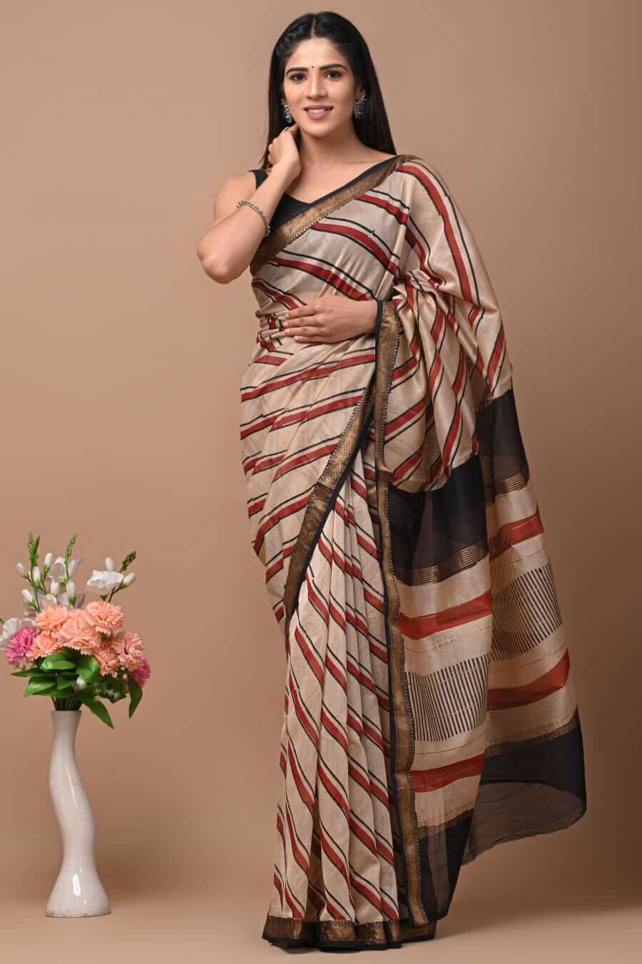 Tanishka - Bagru Hand Block Printed Silk Saree