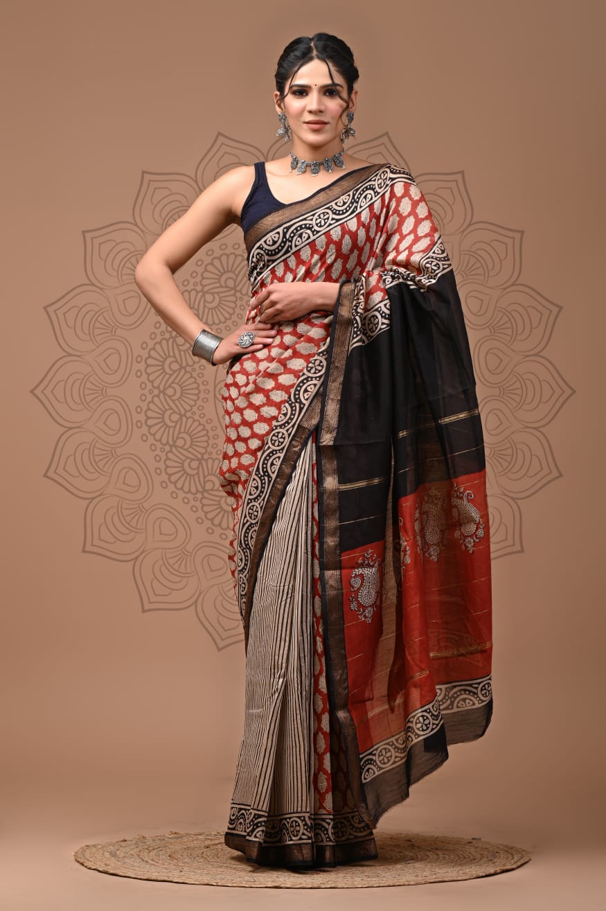 Ridhima - Bagru Hand Block Printed Silk Saree