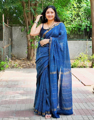 Tanishka - Bagru Hand Block Printed Indigo Silk Cotton Saree
