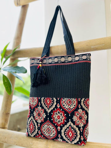 Saesha - Ajrakh, Hand-block Printed, Kantha Emboridery with Mirror Work Tote Bag - 15x 16 inches