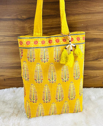 Saesha - Ajrakh, Hand-block Printed, Kantha Emboridery with Mirror Work Tote Bag - 15x 16 inches