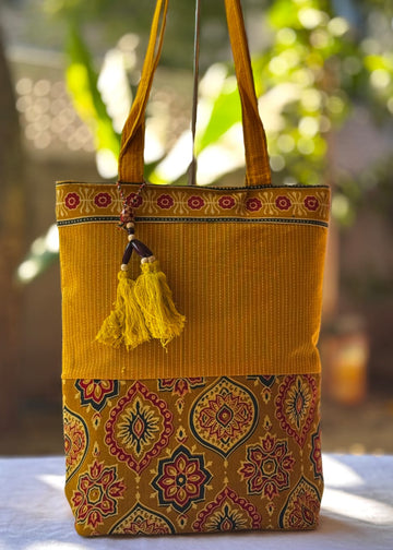 Saesha - Ajrakh, Hand-block Printed, Kantha Emboridery with Mirror Work Tote Bag - 15x 16 inches