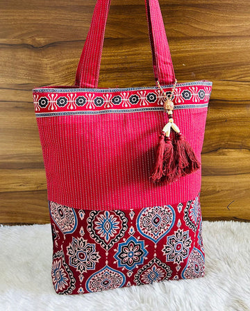 Saesha - Ajrakh, Hand-block Printed, Kantha Emboridery with Mirror Work Tote Bag - 15x 16 inches