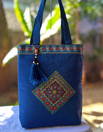 Saesha - Ajrakh, Hand-block Printed, Kantha Emboridery with Mirror Work Tote Bag - 15x 16 inches