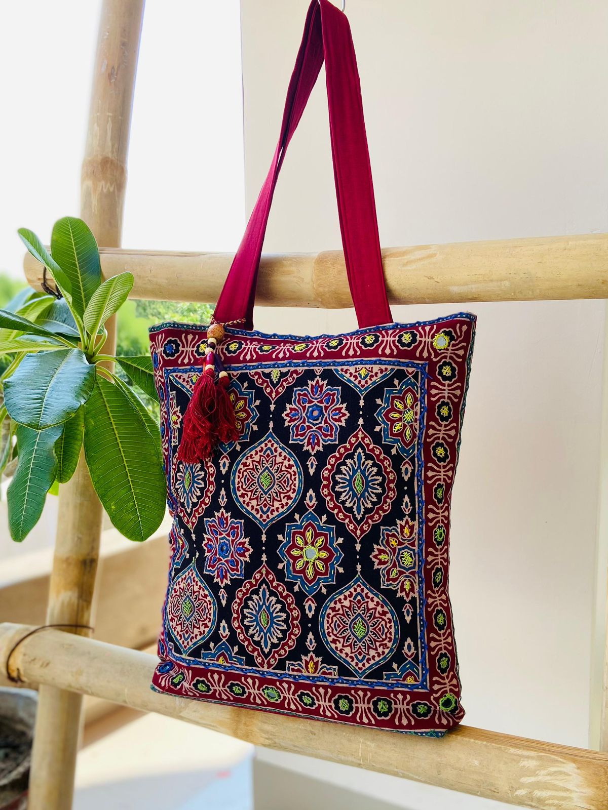 Saesha - Ajrakh, Hand-block Printed, Kantha Emboridery with Mirror Work Tote Bag - 15x 16 inches
