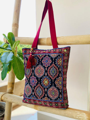 Saesha - Ajrakh, Hand-block Printed, Kantha Emboridery with Mirror Work Tote Bag - 15x 16 inches