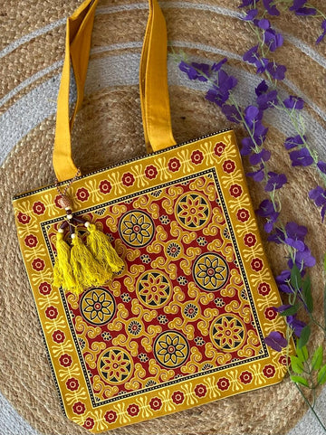 Saesha - Ajrakh, Hand-block Printed, Kantha Emboridery with Mirror Work Tote Bag - 15x 16 inches