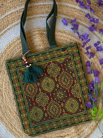 Saesha - Ajrakh, Hand-block Printed, Kantha Emboridery with Mirror Work Tote Bag - 15x 16 inches