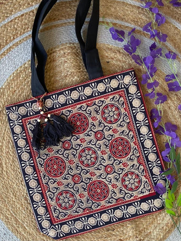 Saesha - Ajrakh, Hand-block Printed, Kantha Emboridery with Mirror Work Tote Bag - 15x 16 inches
