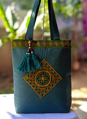 Saesha - Ajrakh, Hand-block Printed, Kantha Emboridery with Mirror Work Tote Bag - 15x 16 inches