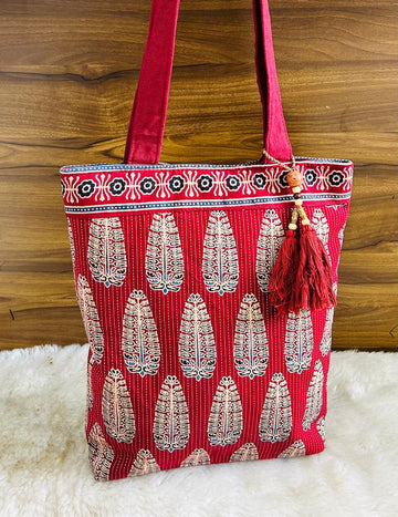 Saesha - Ajrakh, Hand-block Printed, Kantha Emboridery with Mirror Work Tote Bag - 15x 16 inches