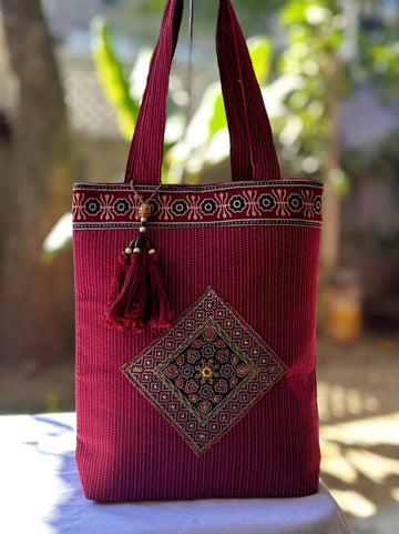 Saesha - Ajrakh, Hand-block Printed, Kantha Emboridery with Mirror Work Tote Bag - 15x 16 inches