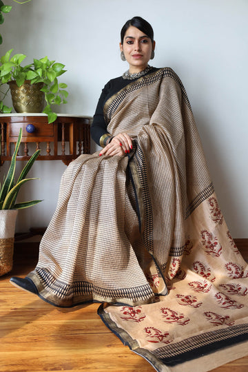 Diya - Bagru Hand Block Printed Silk Saree