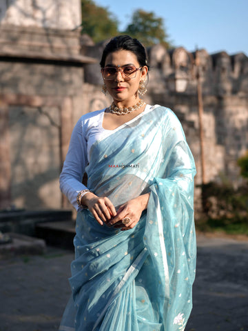 Narayani - नारायणी Chanderi Handloom Silk by Cotton Saree - Blue