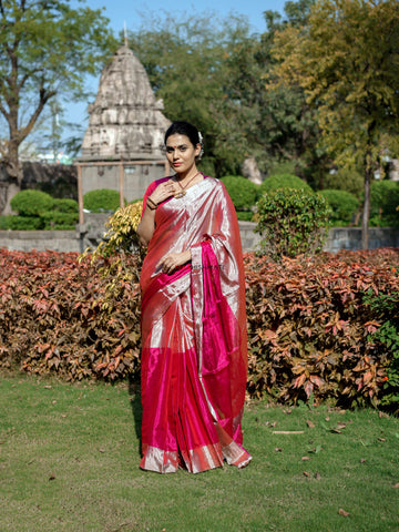 Rani - रानी Chanderi Handloom Full Tissue Silk Saree - Magenta & Silver