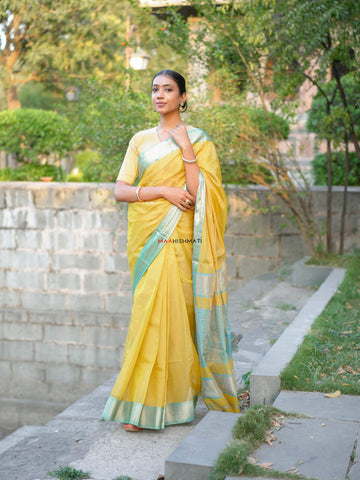 Chanda - चंदा Maheshwari Handloom Tissue Silk Cotton Saree - Yellow
