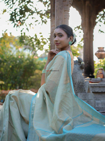 Chanda - चंदा Maheshwari Handloom Tissue Silk Cotton Saree - Pastel Green