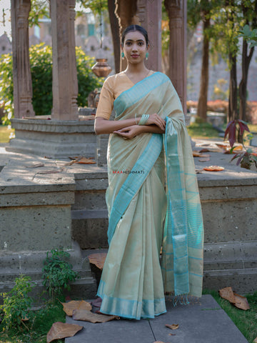 Chanda - चंदा Maheshwari Handloom Tissue Silk Cotton Saree - Pastel Green