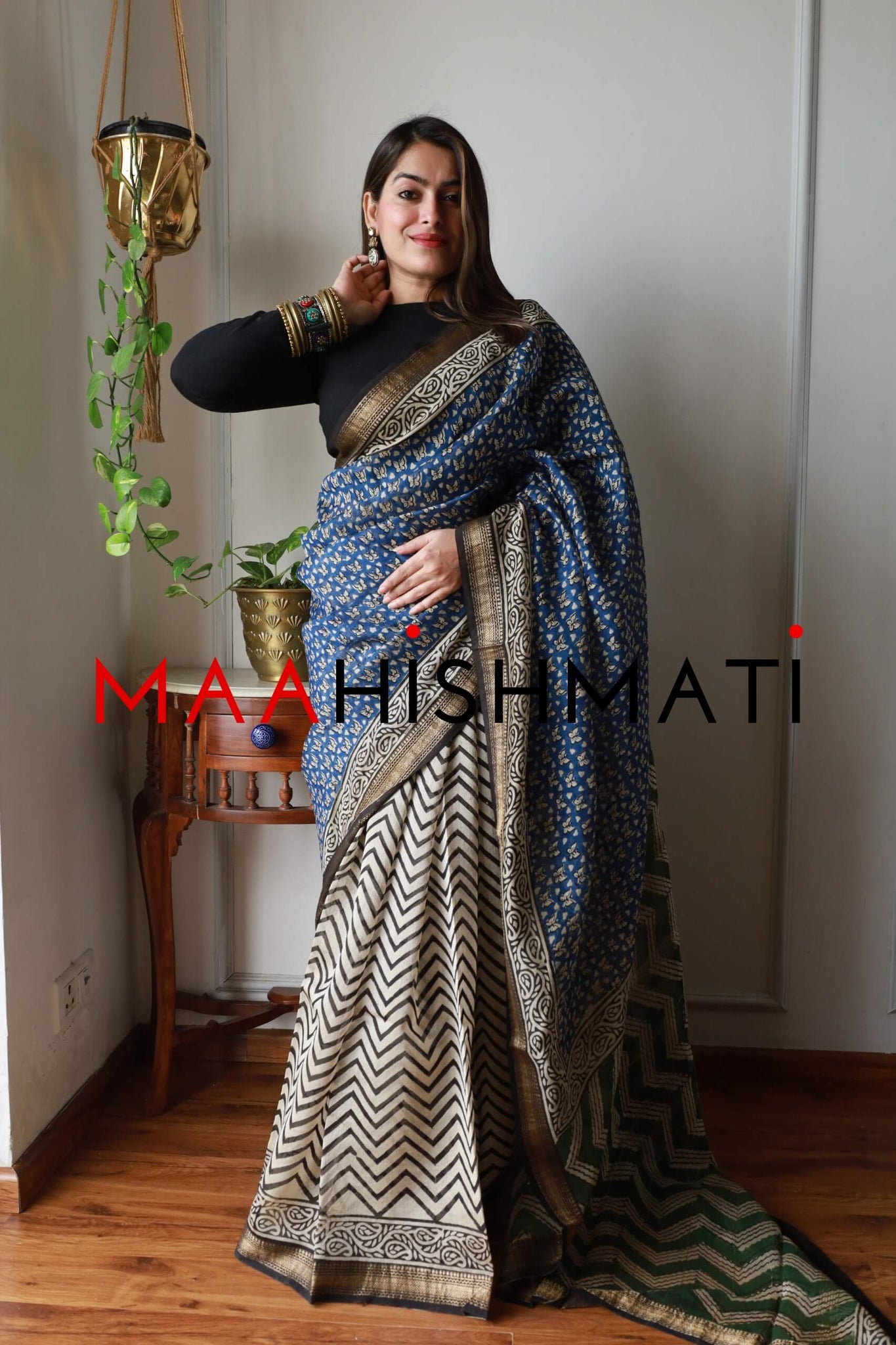 Titli - Bagru Hand Block Printed Silk Saree