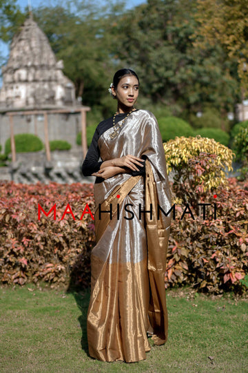 Parvati - पार्वती Chanderi Handloom Full Tissue Silk Saree - Gold & Silver