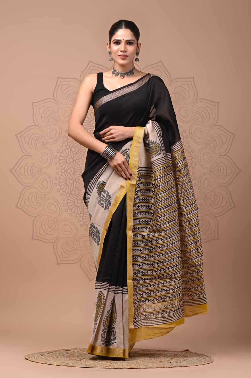 Padma - Bagru Hand Block Printed Silk Cotton Saree