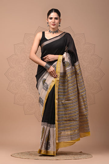 Padma - Bagru Hand Block Printed Silk Cotton Saree