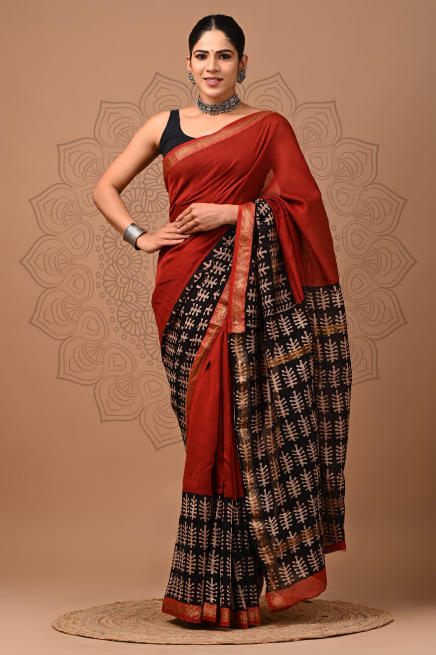 Madhubala - Bagru Hand-block Printed Silk Saree