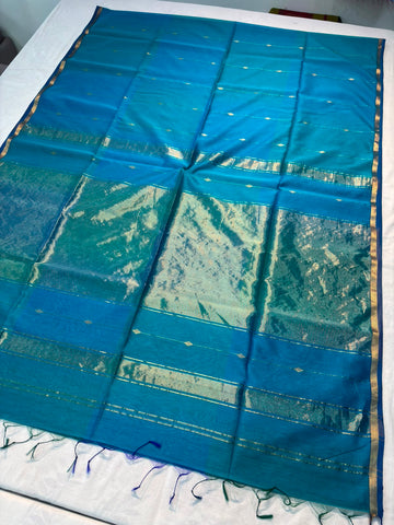 Mor Pankhi - Maheshwari Handloom Silk by Cotton Saree - Dual Shade with Butis - Blue