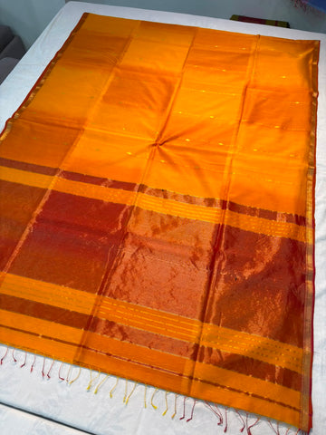 Mor Pankhi - Maheshwari Handloom Silk by Cotton Saree - Dual Shade with Butis - Orange