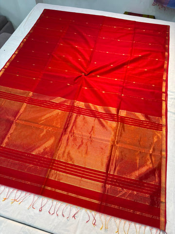 Mor Pankhi - Maheshwari Handloom Silk by Cotton Saree - Dual Shade with Butis - Red
