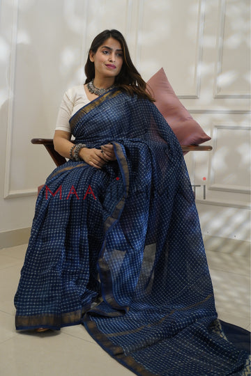 Tanishka - Bagru Hand Block Printed Indigo Silk Cotton Saree