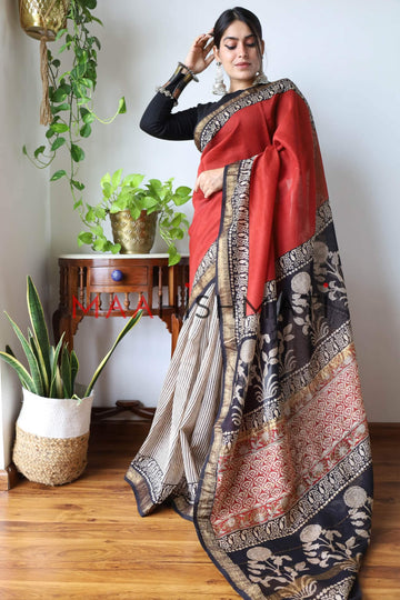 Jency - Bagru Hand Block Printed Silk Cotton Saree