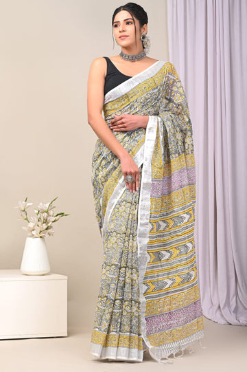 Malti - Bagru Hand-Block Printed Linen Saree