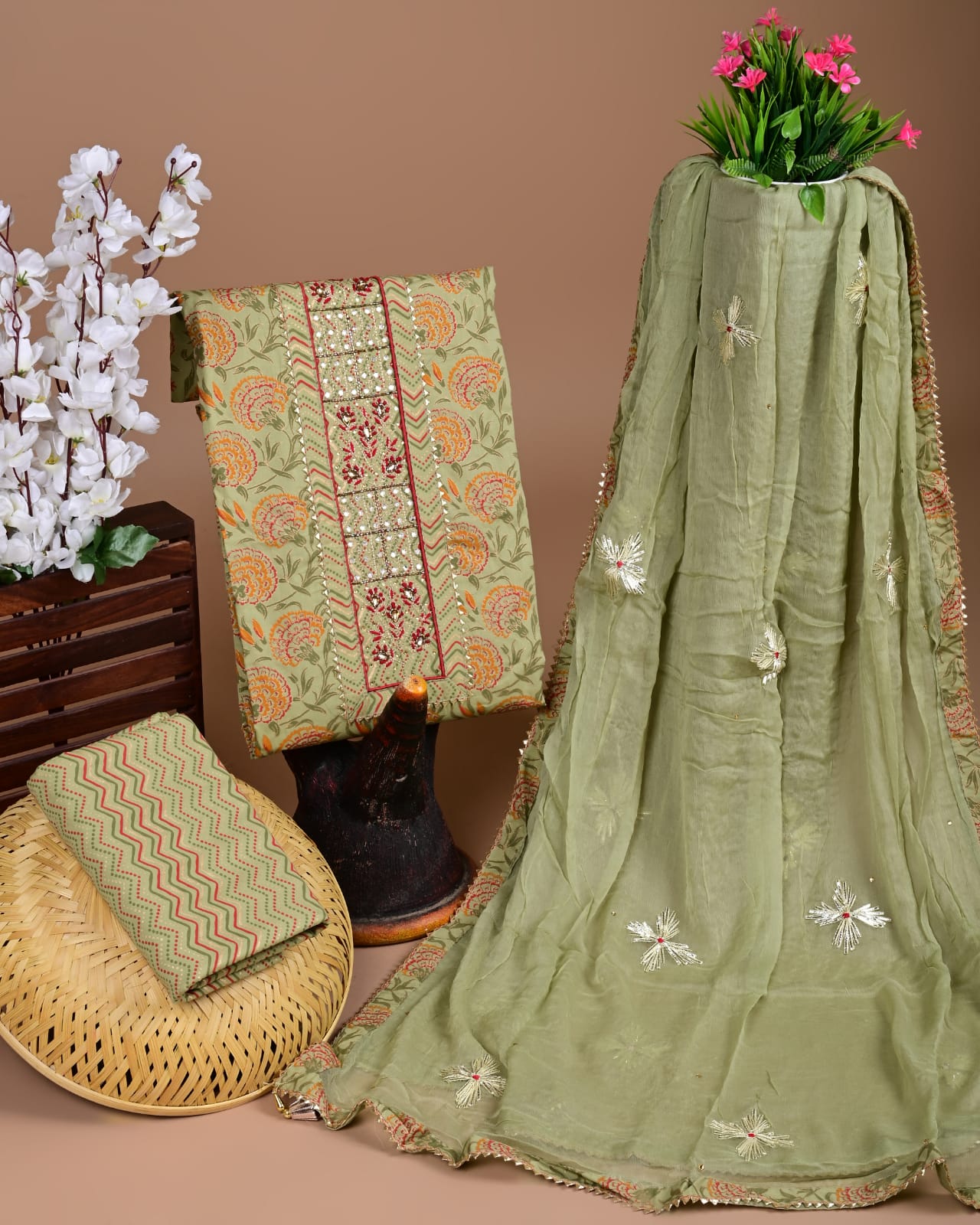 Blooming in Paradise - Floral Handblock Printed Cotton Suit Fabric with Chiffon Dupatta