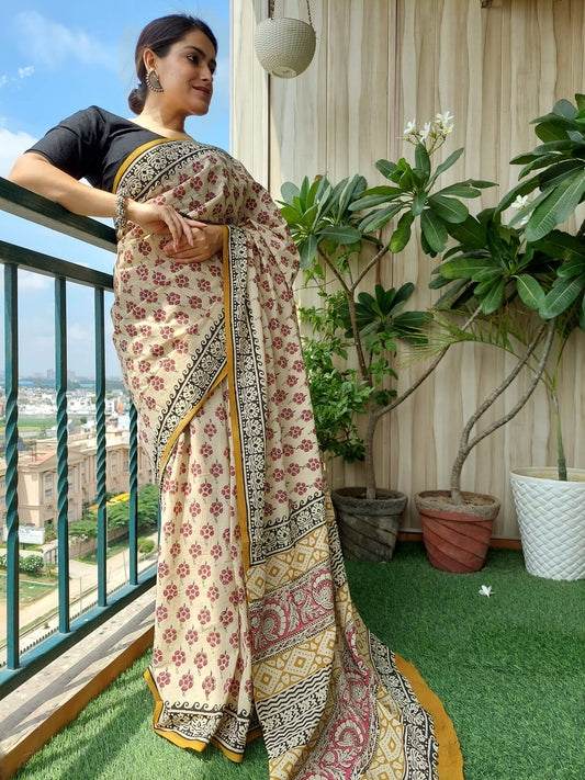 ICH Bagru Statements. Hand Block Printed Mul Cotton Saree - Cream Leaf main image 0