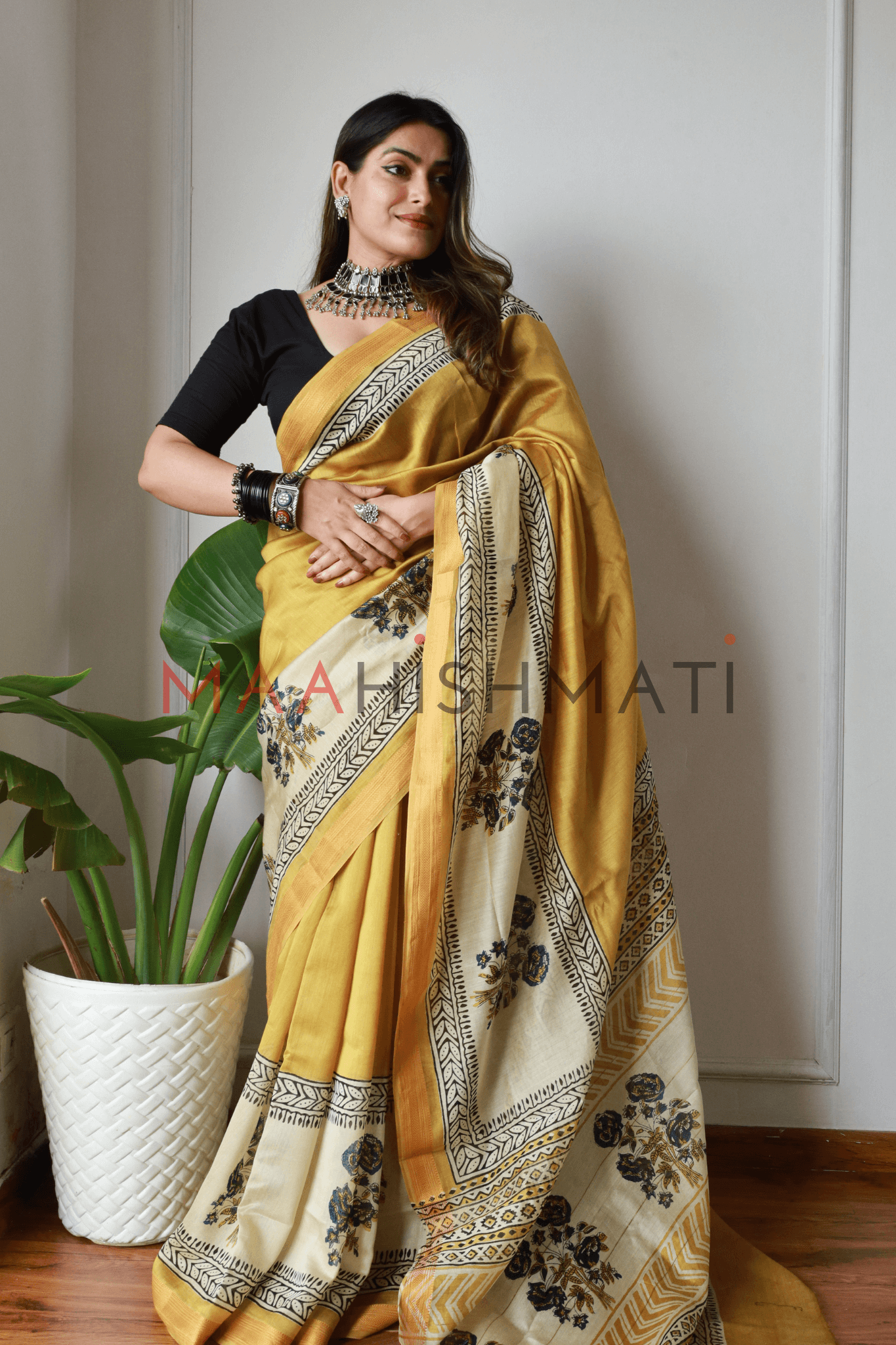 Tanishka - Bagru Hand Block Printed Silk Cotton Saree - Golden Yellow