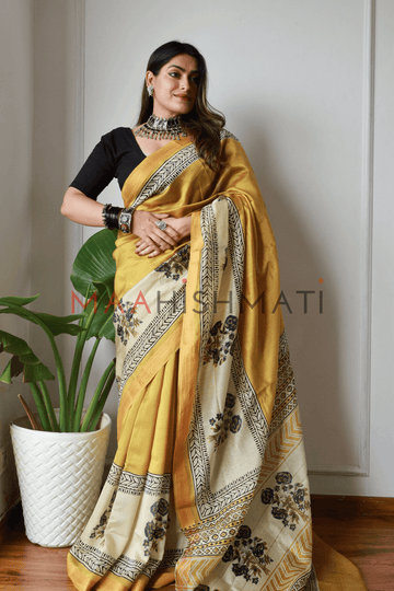 Tanishka - Bagru Hand Block Printed Silk Cotton Saree - Golden Yellow