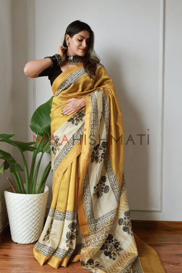 Tanishka - Bagru Hand Block Printed Silk Cotton Saree - Golden Yellow