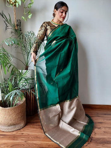 Pooja - पूजा Maheshwari Handloom Silk by Cotton Saree with Jute Pallu