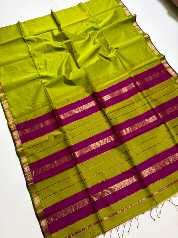 Saadgi - Maheshwari Handloom Silk by Cotton Saree - Parrot Green