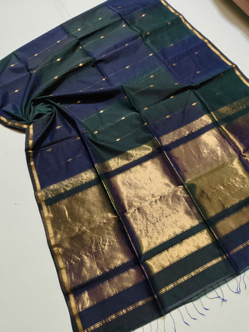 Mor Pankhi - Maheshwari Handloom Silk by Cotton Saree - Dual Shade with Butis - Dark Blue