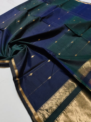 Mor Pankhi - Maheshwari Handloom Silk by Cotton Saree - Dual Shade with Butis - Dark Blue