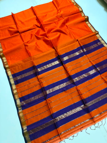 Saadgi - Maheshwari Handloom Silk by Cotton Saree - Orange