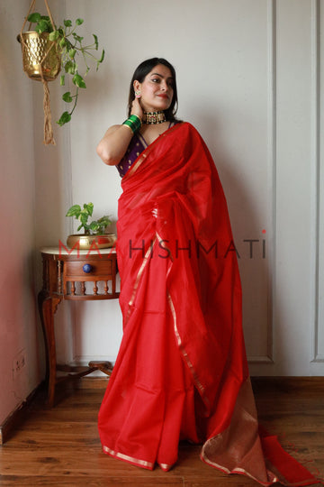 Pooja - पूजा Maheshwari Handloom Silk by Cotton Saree - Red