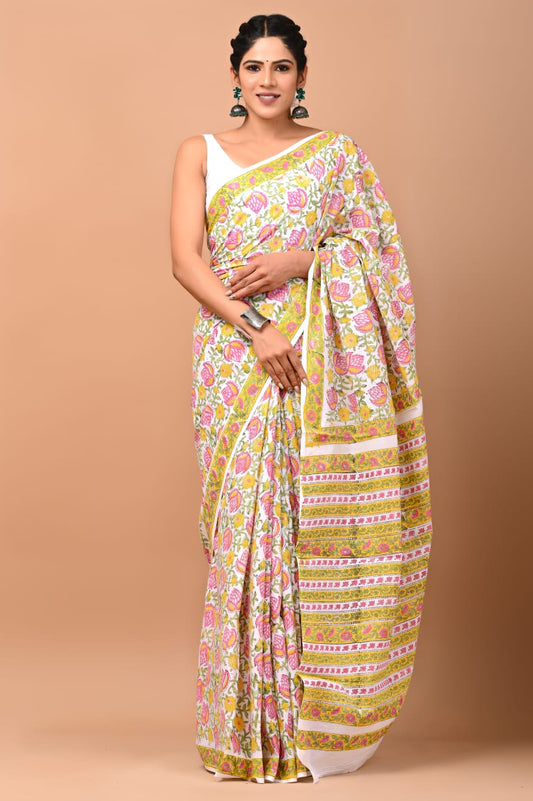 Off-White Bagru Dabu Hand Block Printed Mul Cotton Saree