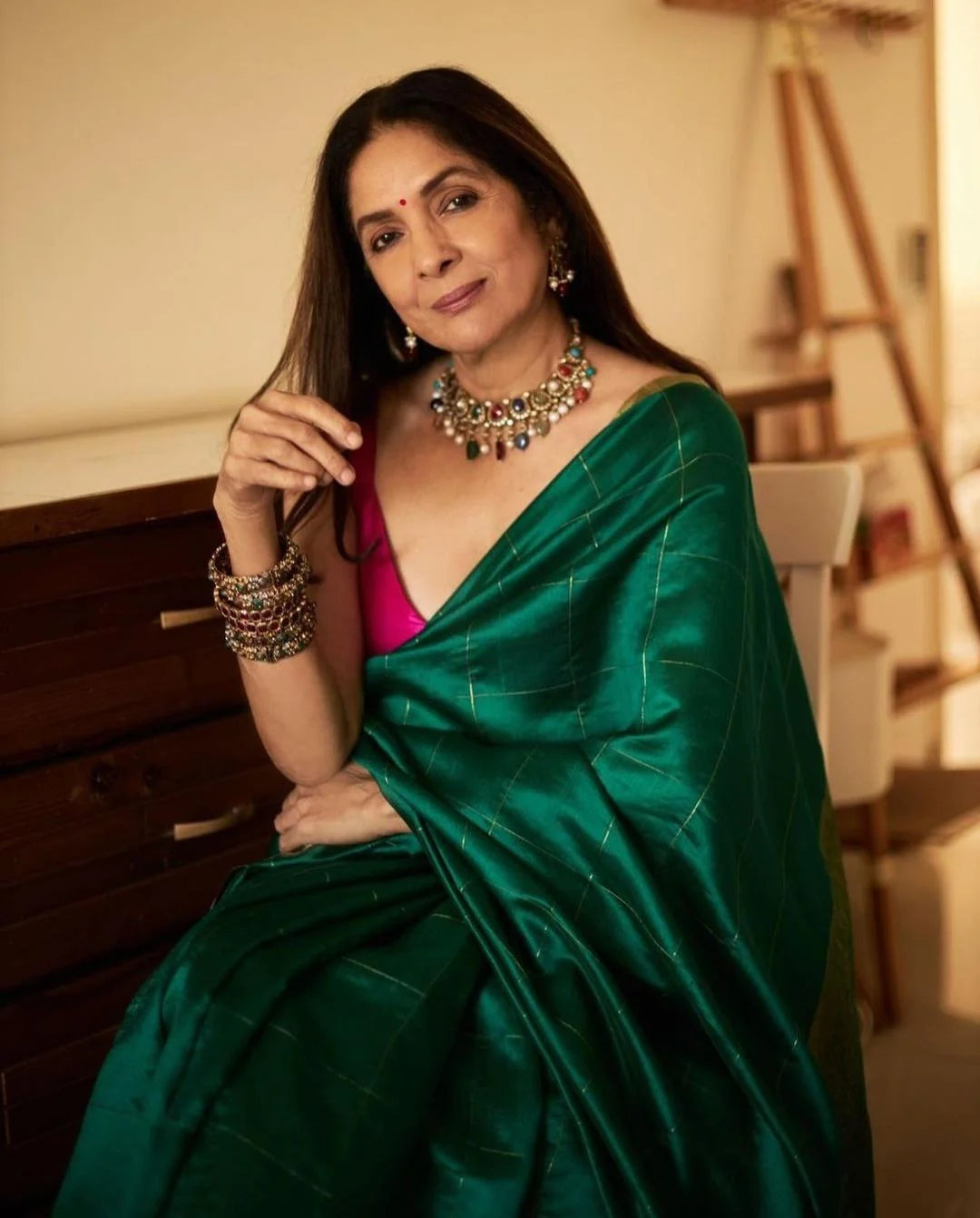 Neena Gupta - Chanderi Handloom Pattu (silk by silk) Saree - Green