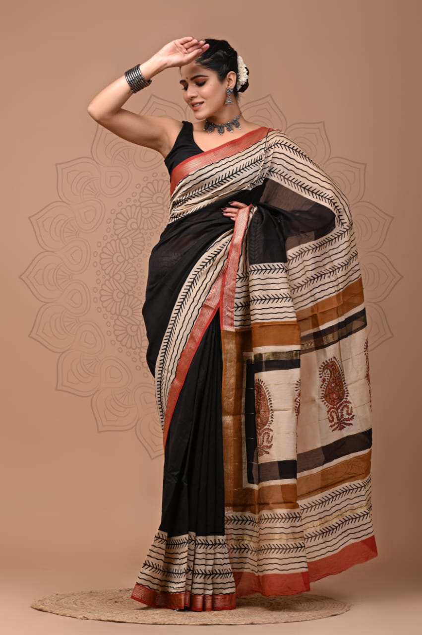 Padma - Bagru Hand Block Printed Silk Cotton Saree